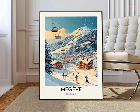 Megeve Ski Resort Chairlift Village Snowy Evening Winter Travel Poster