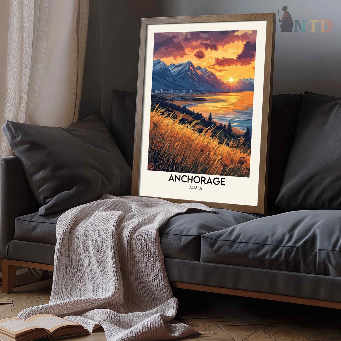 Anchorage Alaska Sunset Bay Chugach Mountains Golden Grass Poster - Image 3