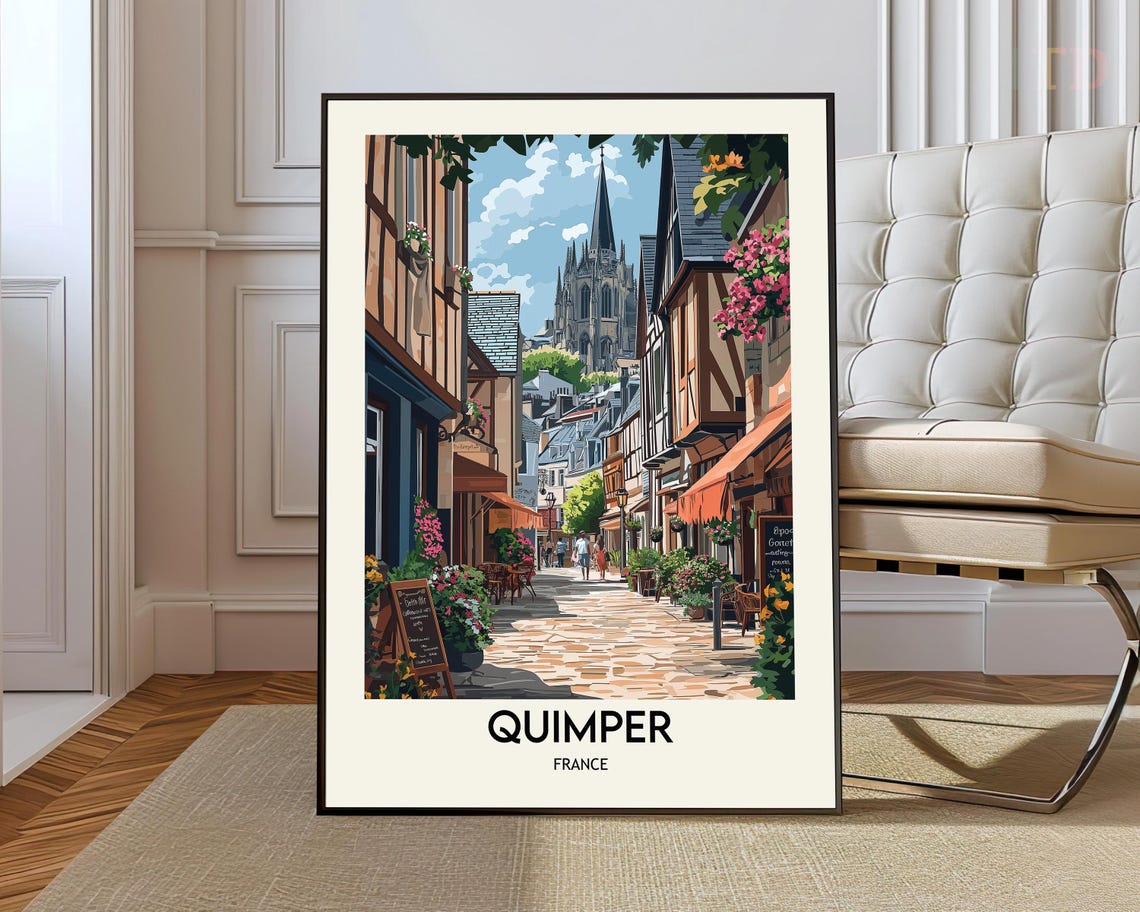 Quimper France Half Timbered Street Cathedral Scene Art Poster