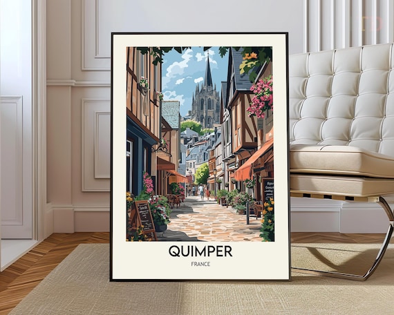 Quimper France Half Timbered Street Cathedral Scene Art Poster