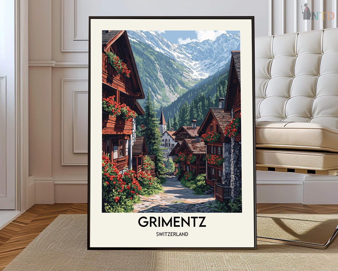 Grimentz Switzerland Alpine Village Street Vintage Travel Poster