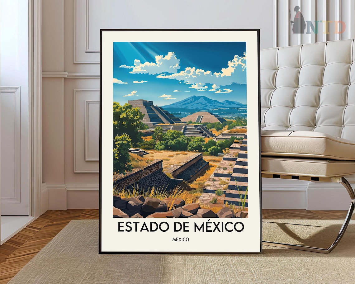 Estado de Mexico Pyramids Volcano Ancient Ruins Travel Poster