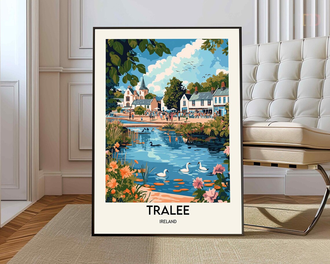 Tralee Ireland Swan Pond Flower Garden Village Travel Poster