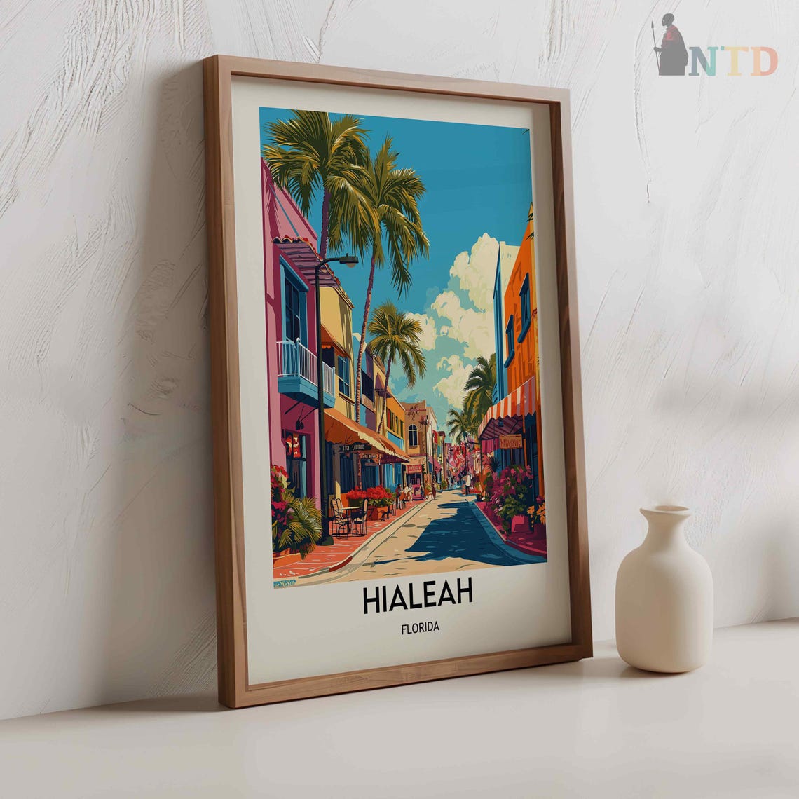 Hialeah Florida Colorful Palm Lined Street Storefronts Poster - Image 2