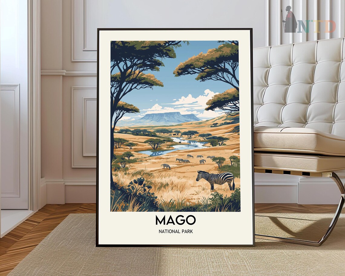 Mago National Park Ethiopia Savanna Zebra Elephant Travel Poster