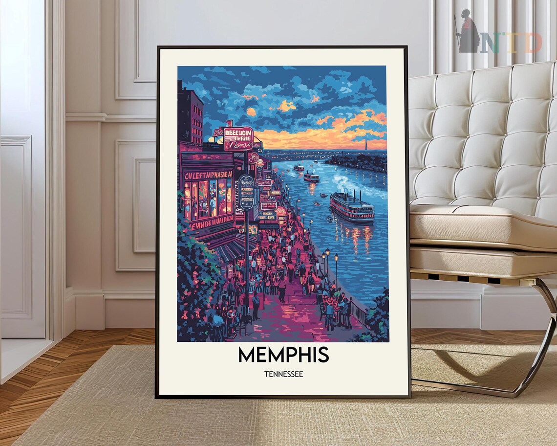 Memphis Tennessee Neon Night Riverfront Steamboat Art Poster