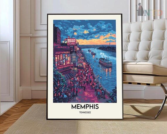 Memphis Tennessee Neon Night Riverfront Steamboat Art Poster