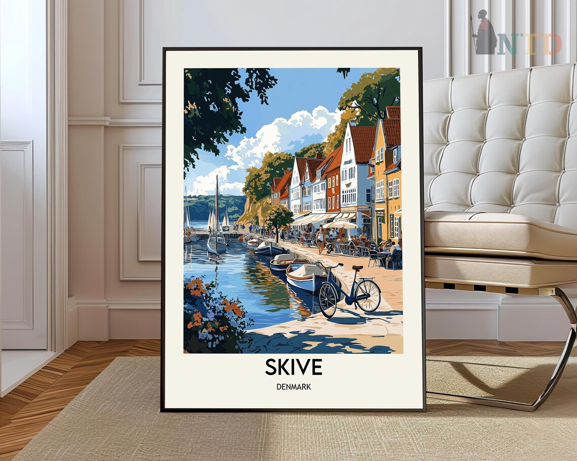 Skive Denmark Harbor Boats Bicycle Quay Vintage Travel Poster