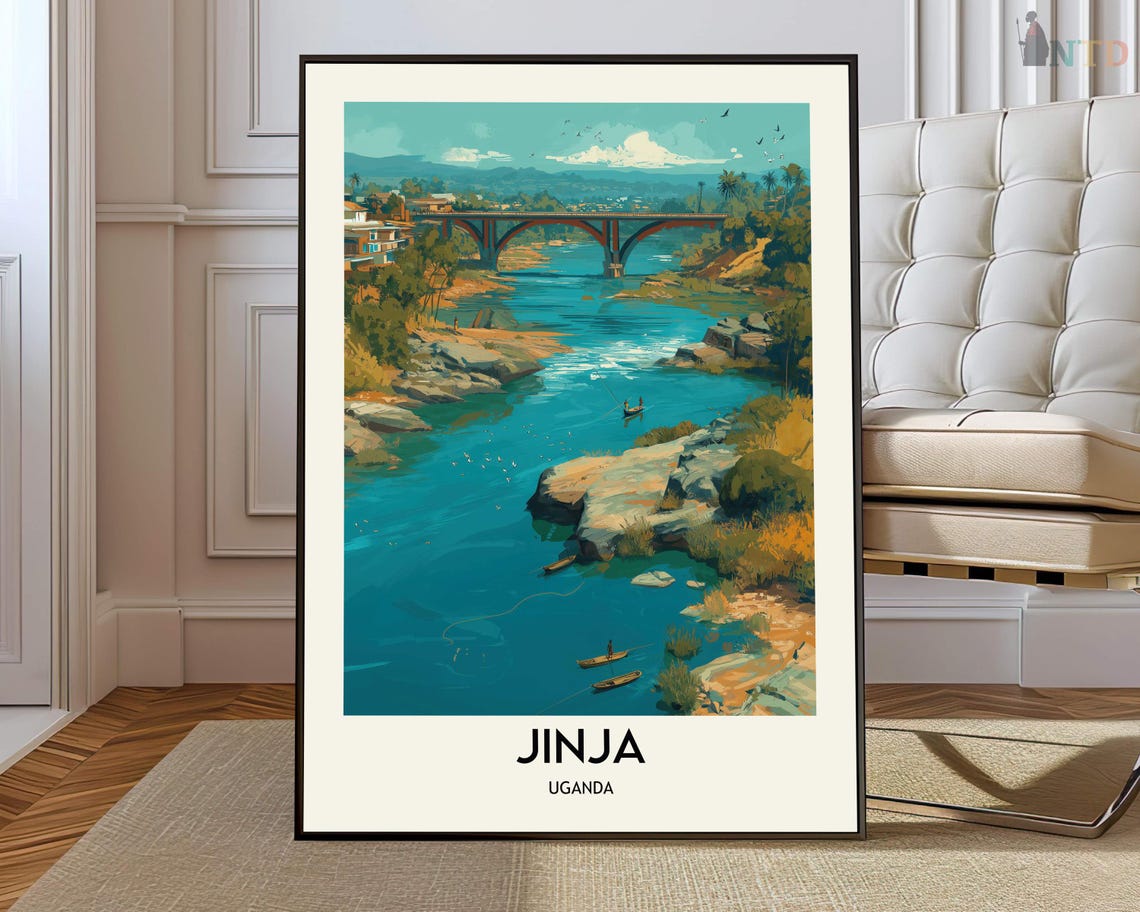 Jinja Uganda Nile River Arched Bridge Boats African Travel Poster