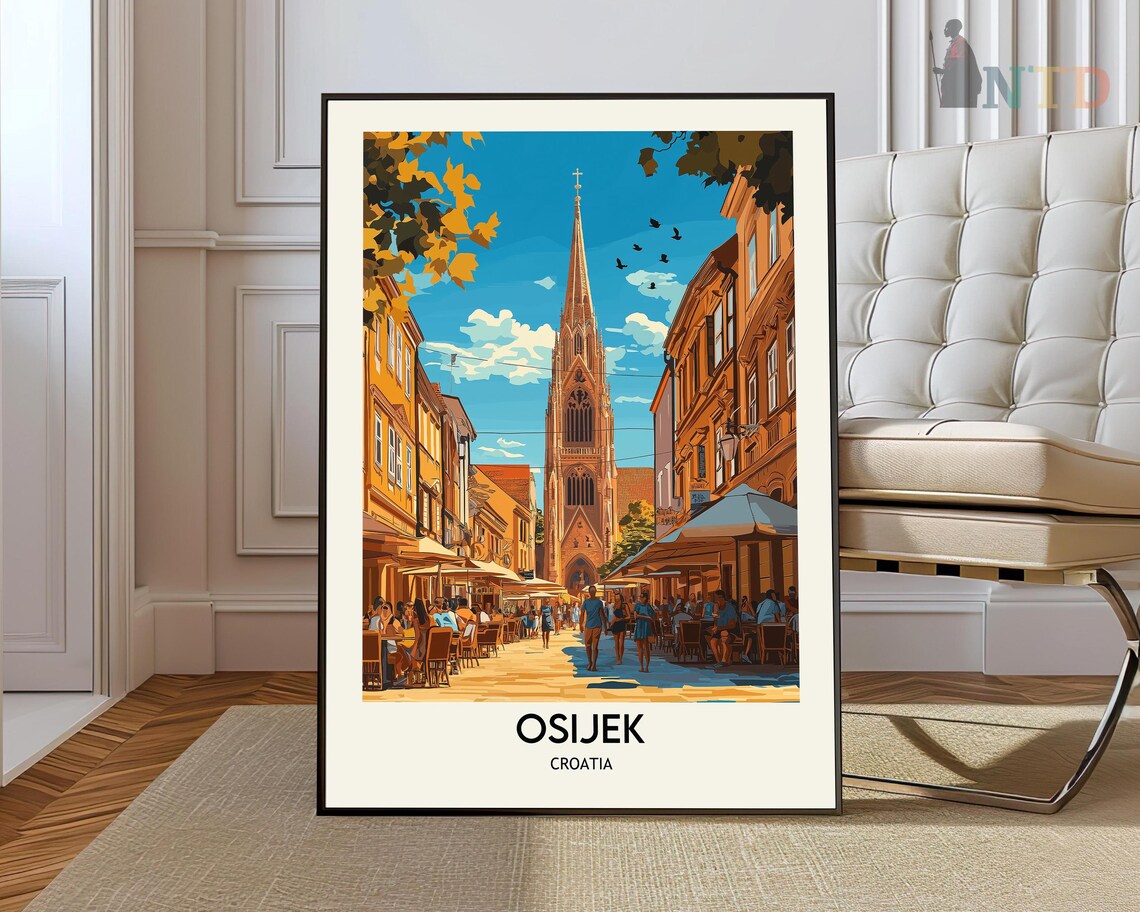 Osijek Croatia Church Street Cafe Scene Old Town Travel Poster