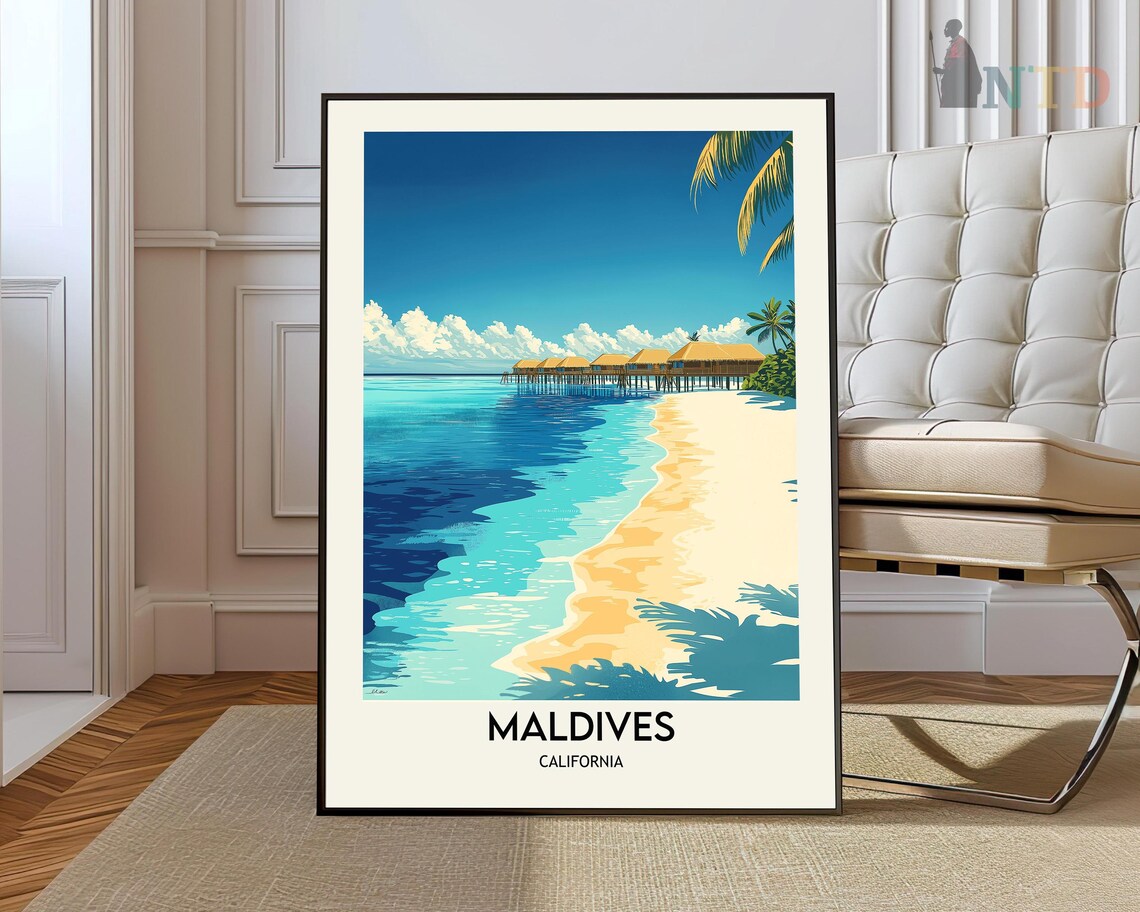 Maldives California Tropical Beach Overwater Villa Ocean Art Poster