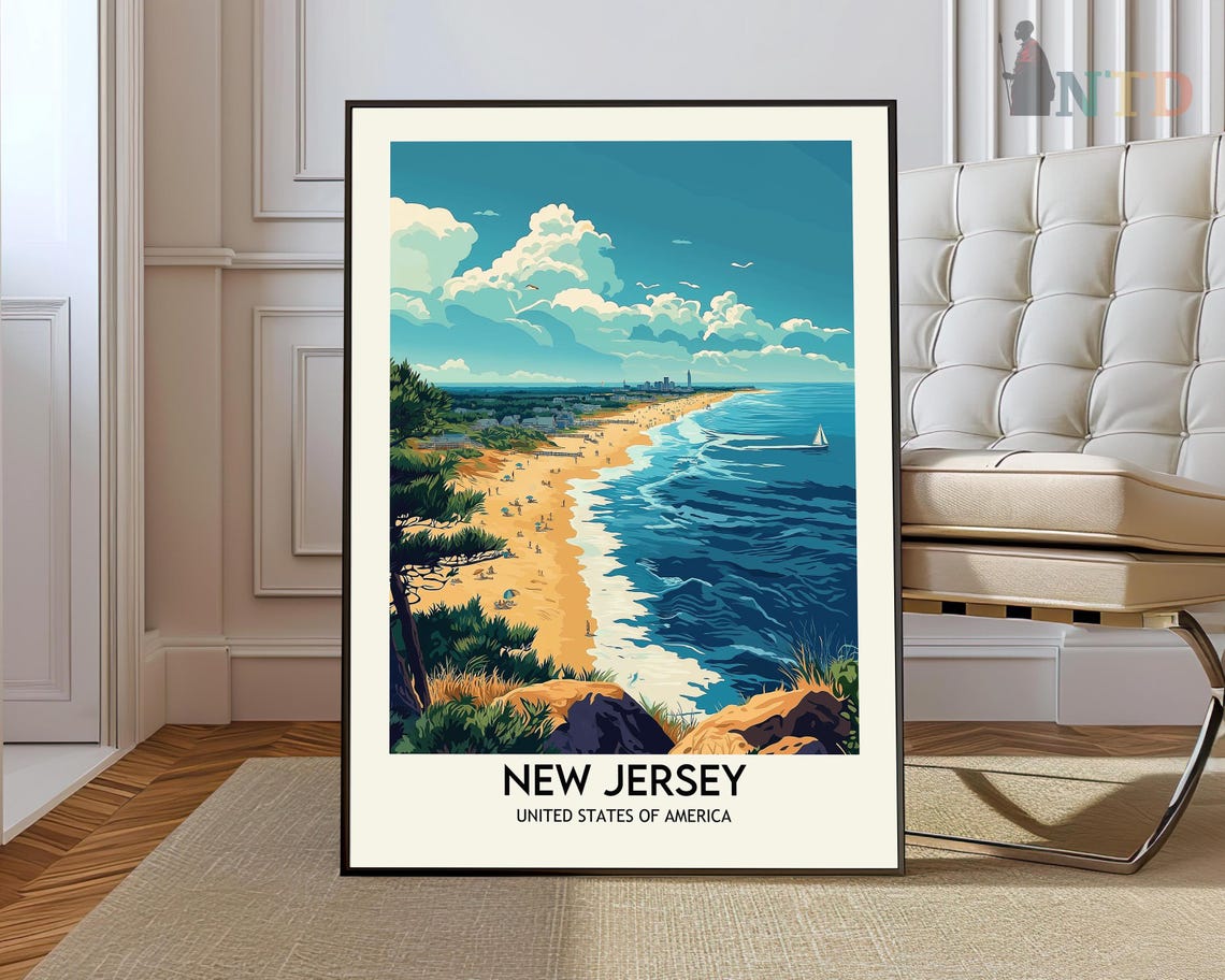 New Jersey Shore Retro Beach Cliff View United States Poster