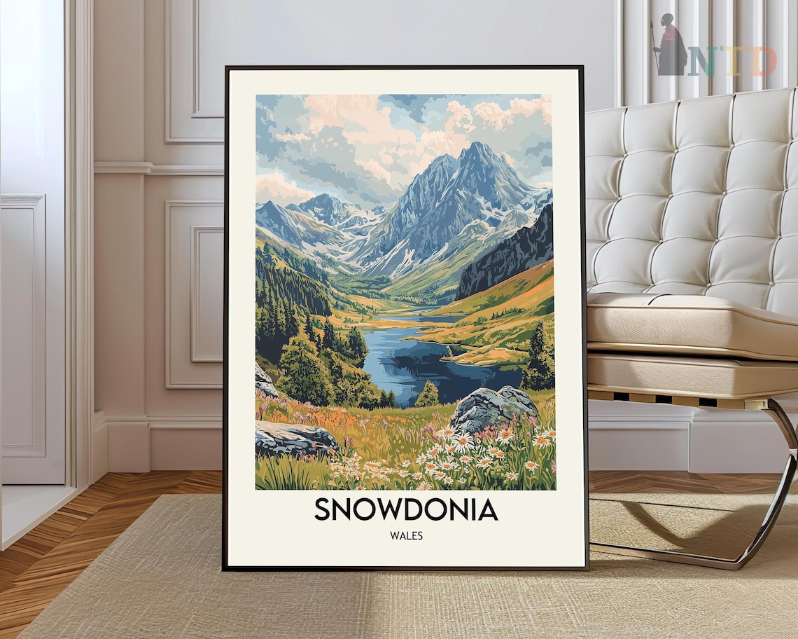 Snowdonia Wales Mountain Lake Valley Wildflower Travel Poster