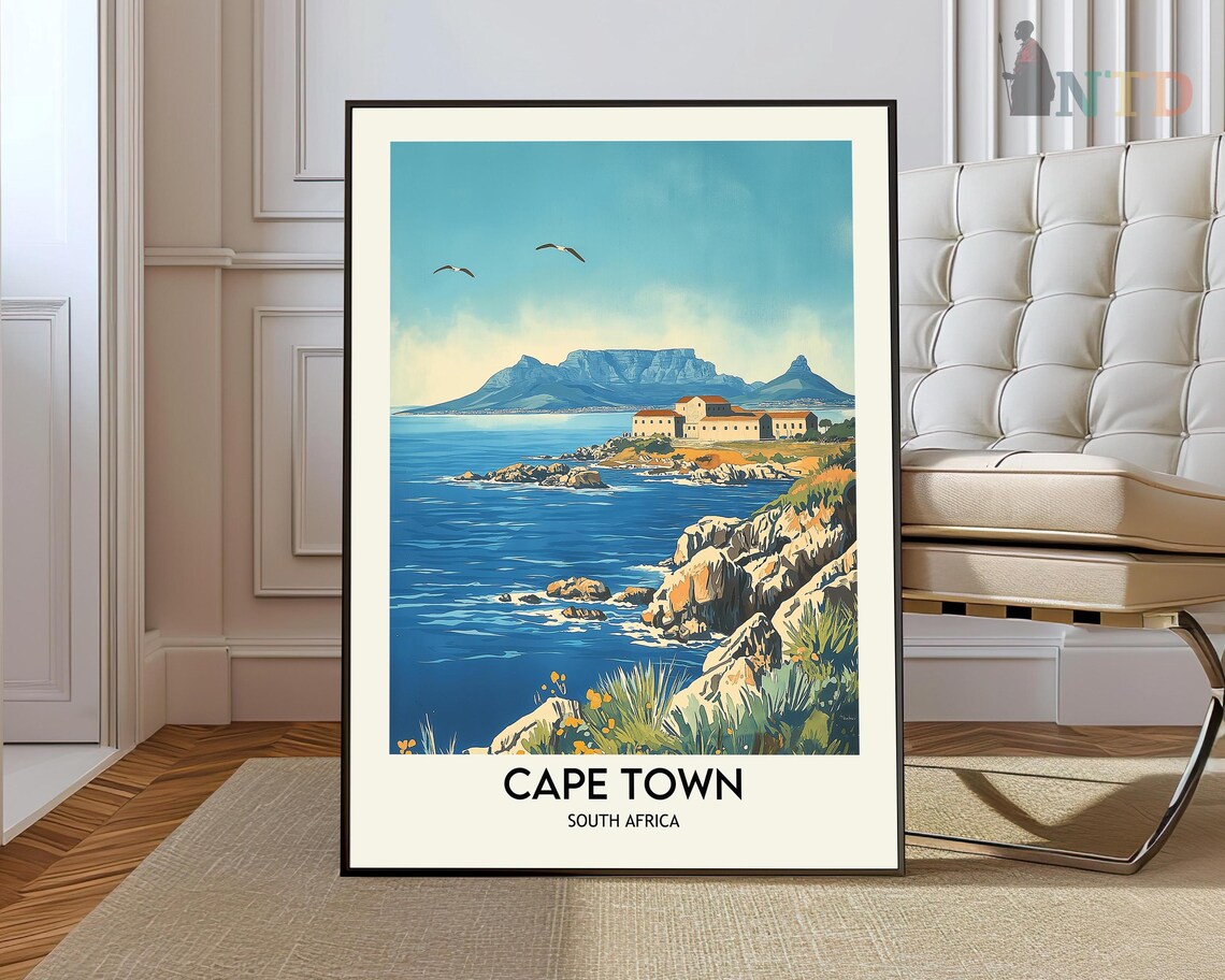 Cape Town Table Mountain Rocky Coastline Vintage Travel Poster