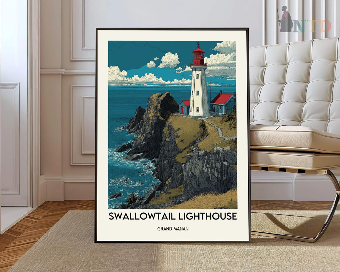 Swallowtail Lighthouse Rocky Cliffs Grand Manan Vintage Travel Print