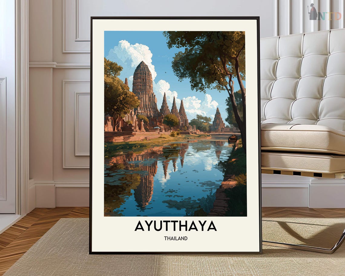 Ayutthaya Thailand Ancient Temple River Reflection Travel Poster