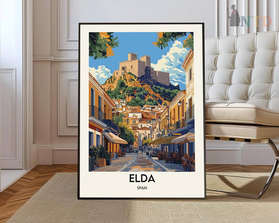 Elda Spain Hilltop Castle Old Town Street Retro Travel Poster