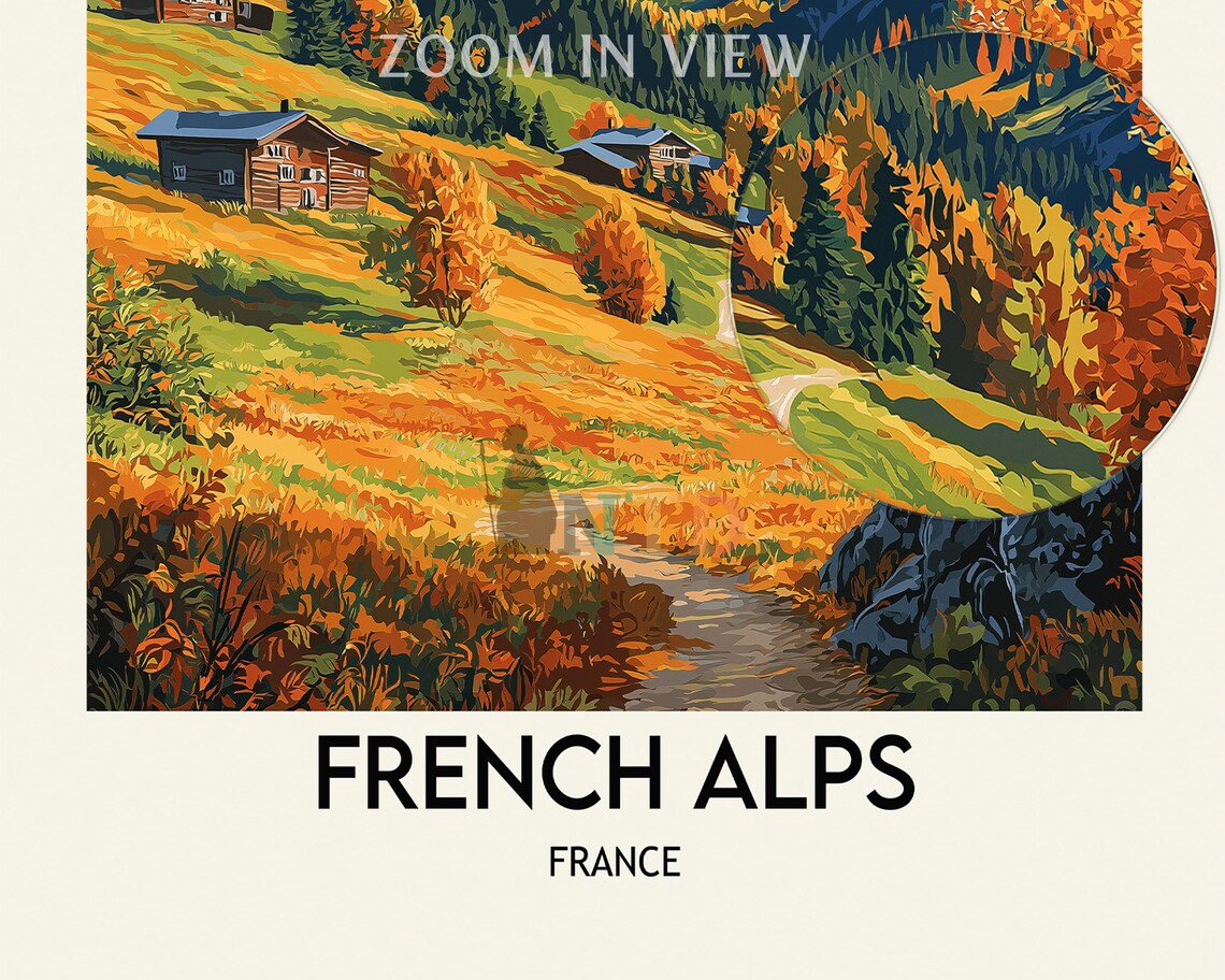 French Alps Golden Valley Chalets Mountain Trail Vintage Travel Poster - Image 3