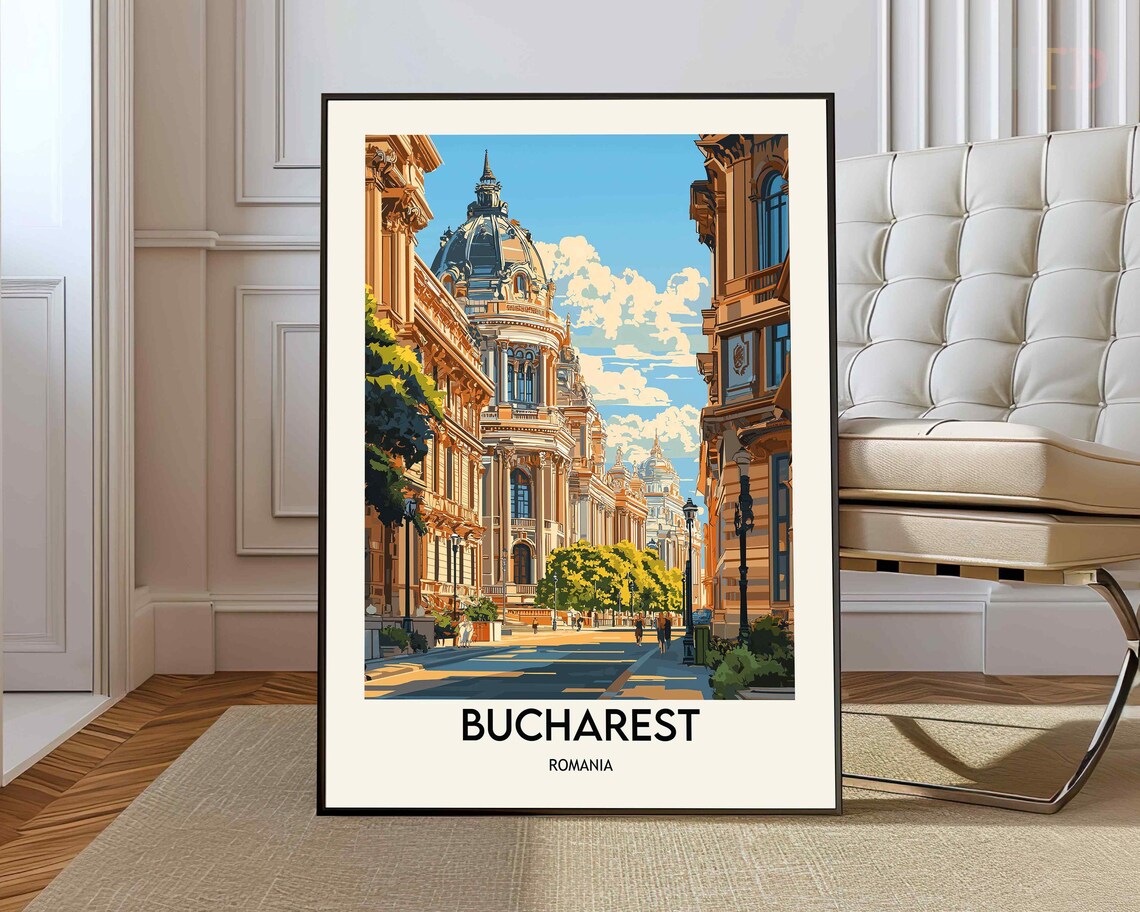 Bucharest Romania Historic Avenue Architecture Vintage Travel Poster