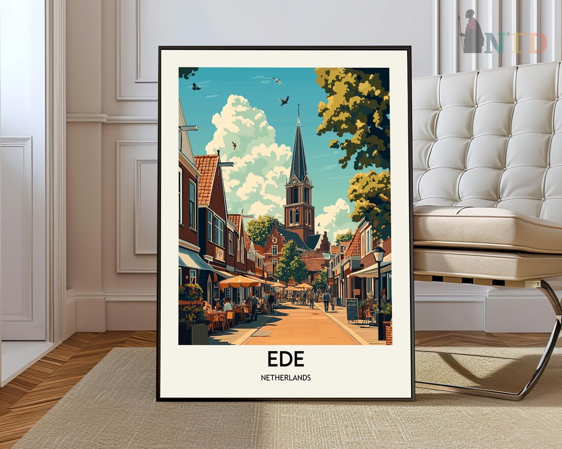 Ede Netherlands Vintage Historic Church Street Scene Travel Poster