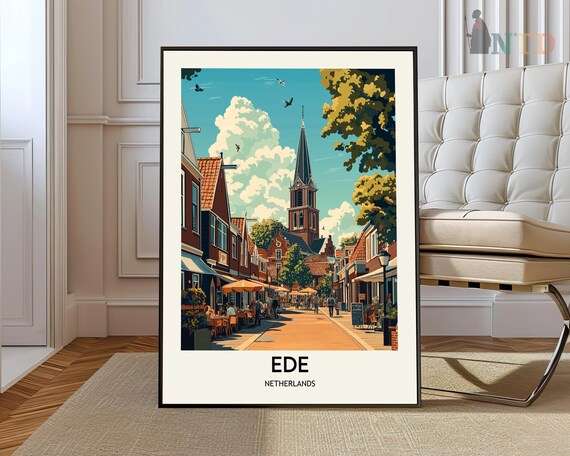 Ede Netherlands Vintage Historic Church Street Scene Travel Poster