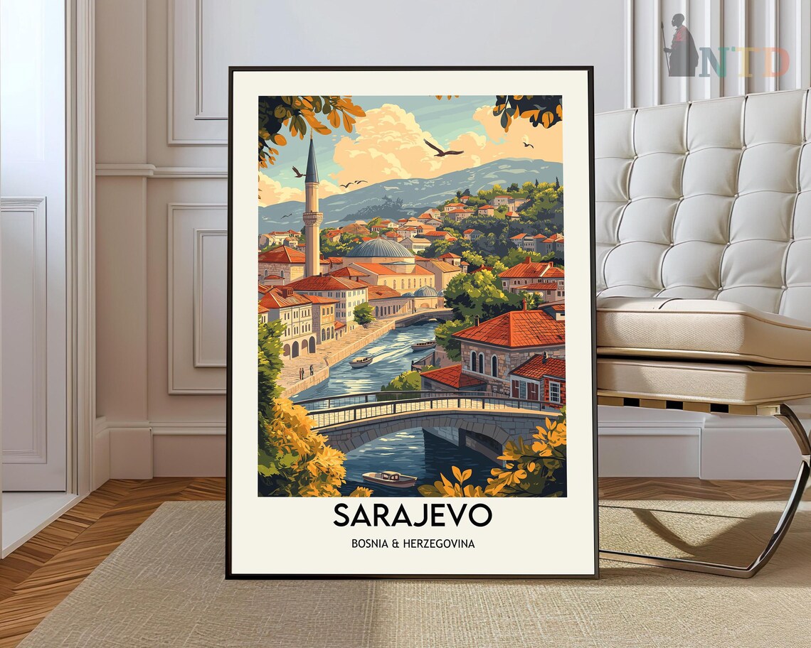 Sarajevo Bosnia and Herzegovina Old Town Bridge River Travel Poster
