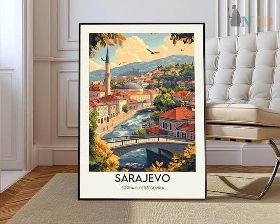 Sarajevo Bosnia and Herzegovina Old Town Bridge River Travel Poster