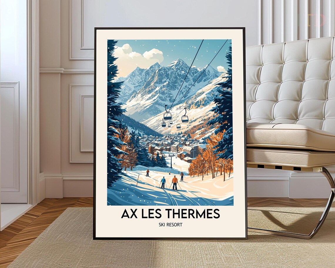 Ax Les Thermes Ski Resort Gondolas Village Peaks Winter Poster