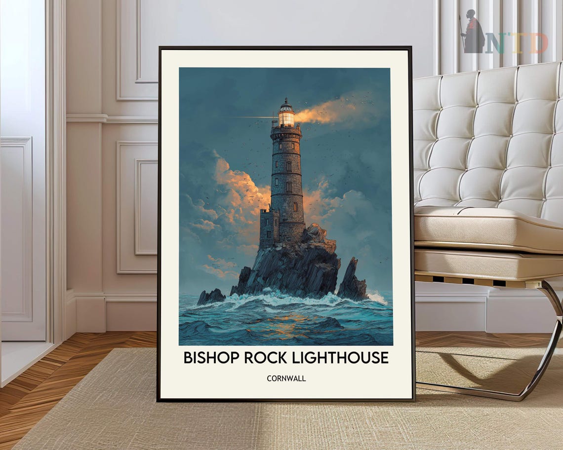 Bishop Rock Lighthouse Cornwall Stormy Night Seascape Poster
