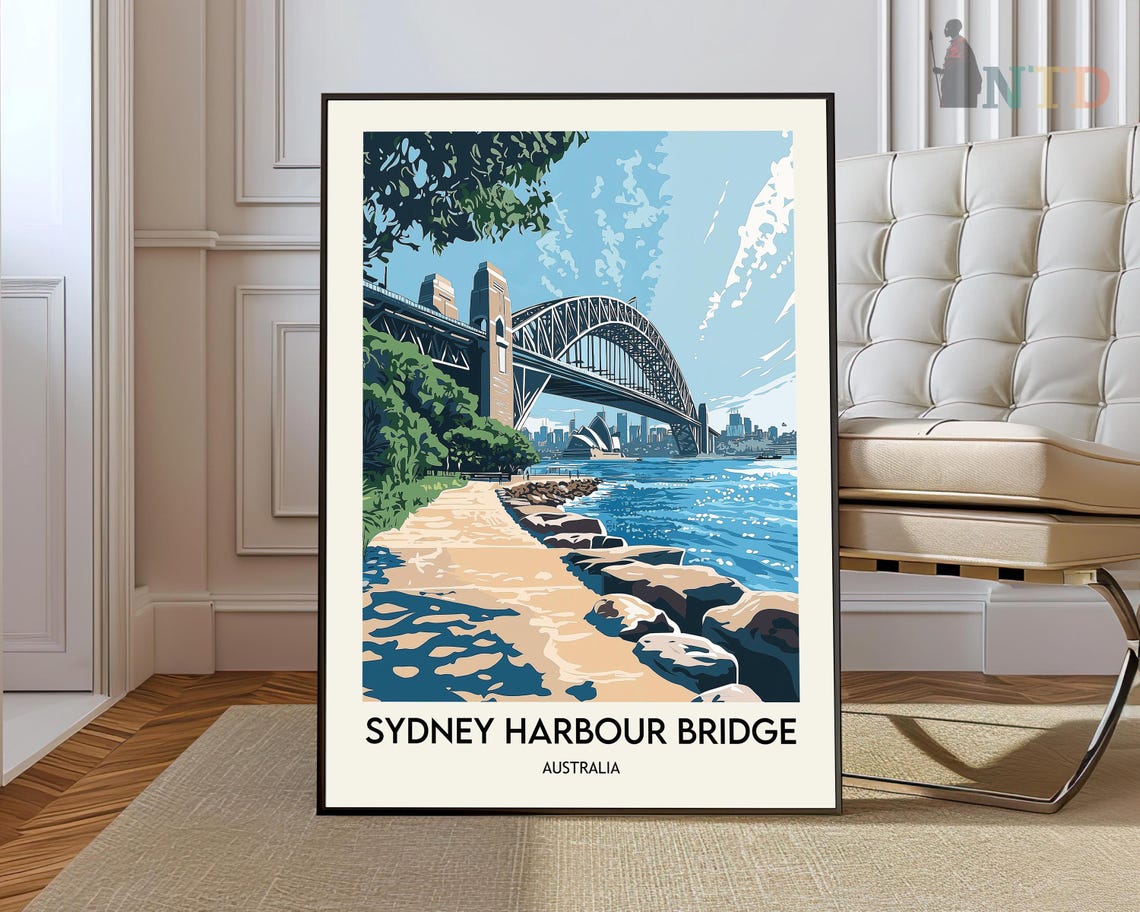 Sydney Harbour Bridge Arch Over Blue Water Retro Travel Poster