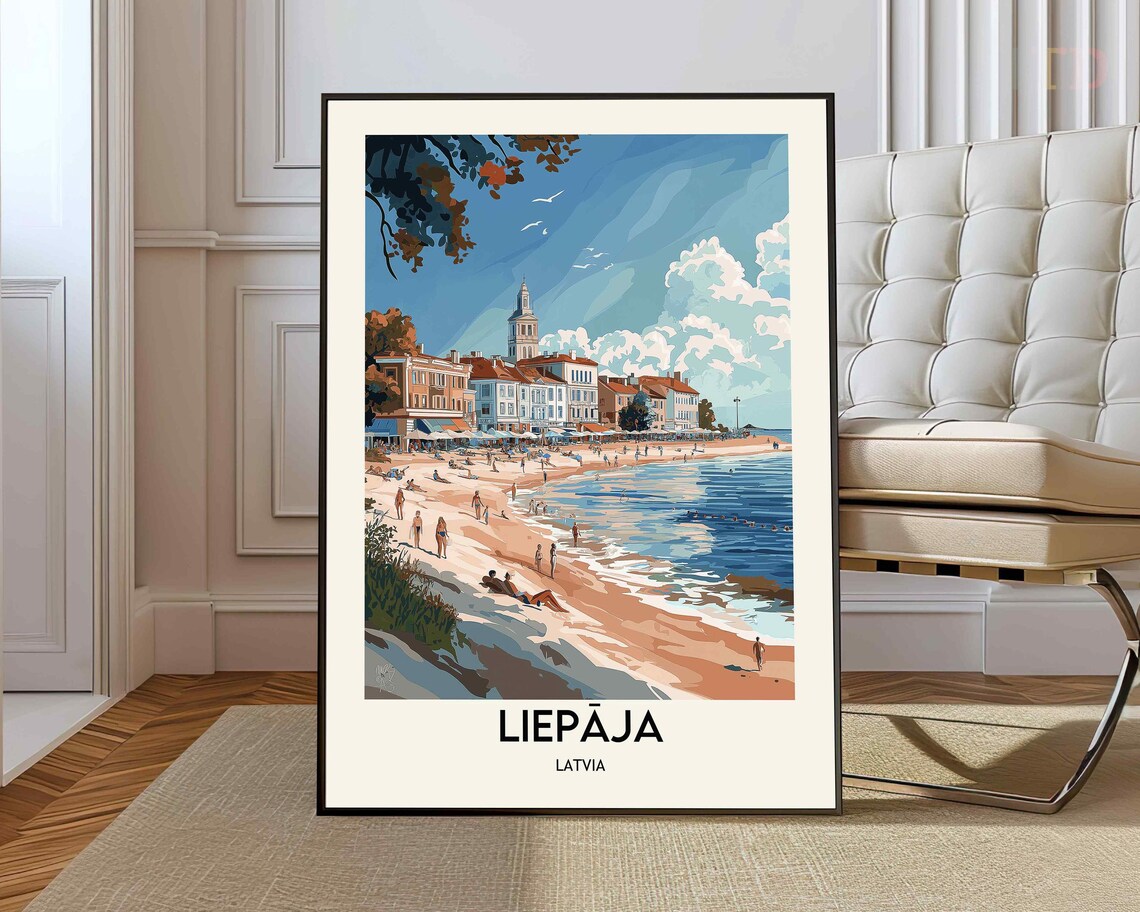Liepāja Latvia Beach Promenade Seaside Town Vintage Travel Poster