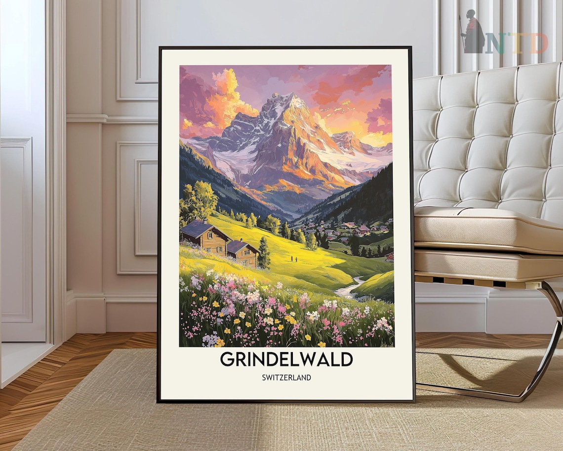 Grindelwald Switzerland Sunset Alpine Meadow Vintage Travel Poster
