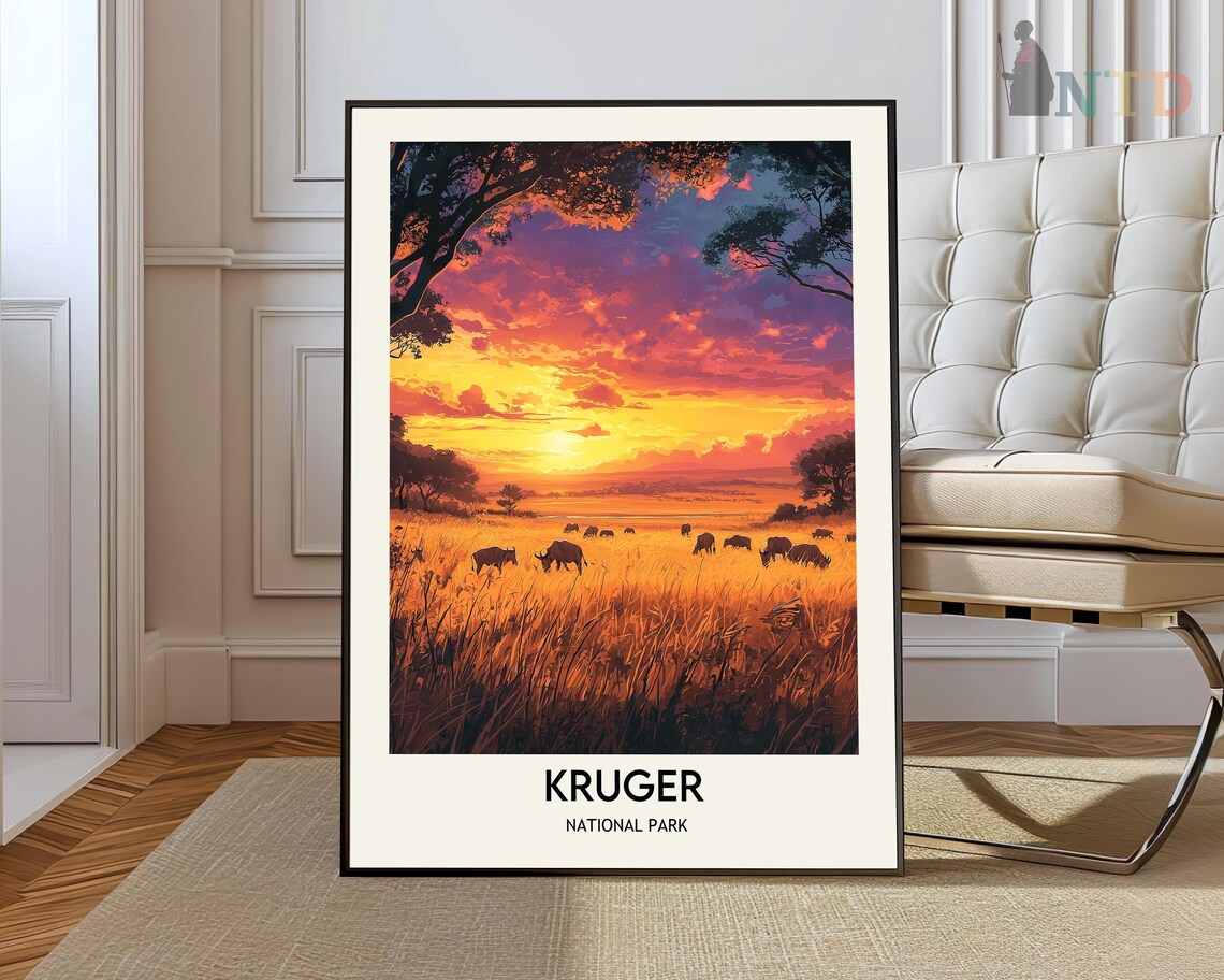 Kruger National Park Sunset Rhino Herd on the Savanna Poster