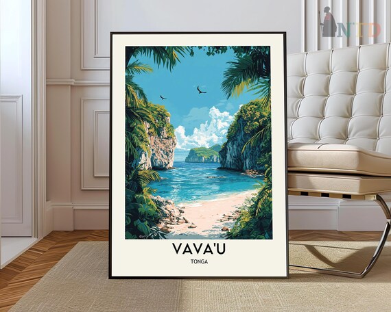 Vavau Tonga Tropical Beach Cove Cliffs Illustration Travel Poster