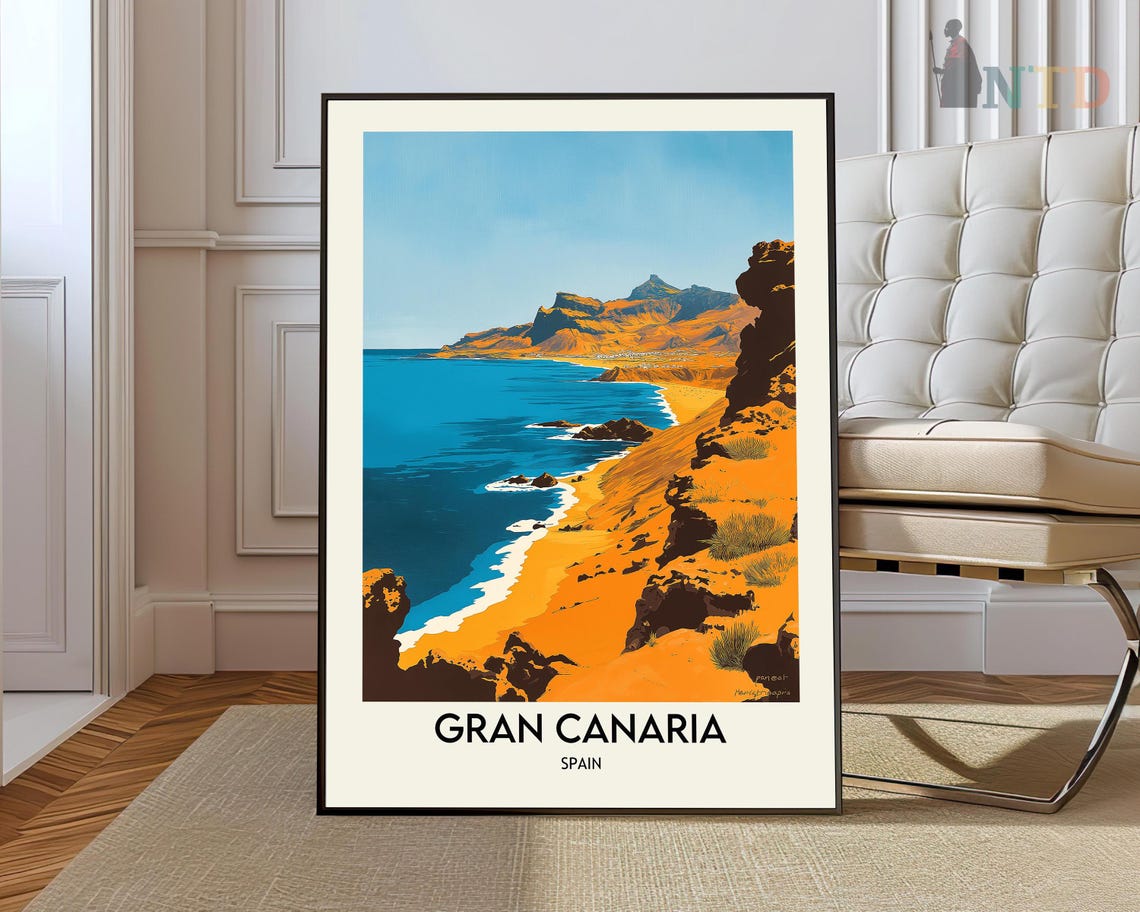 Gran Canaria Spain Golden Coastal Cliffs Retro Travel Poster