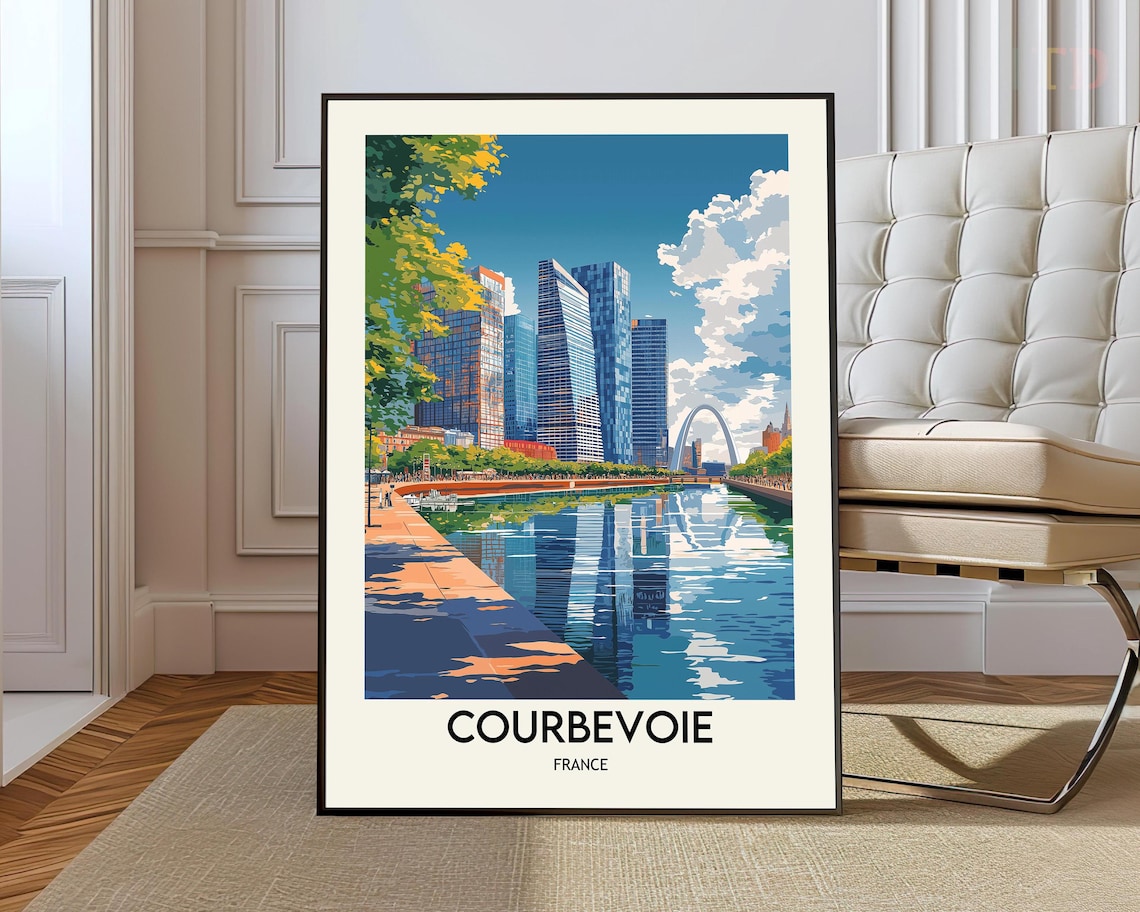 Courbevoie France Modern Towers River La Defense Travel Poster