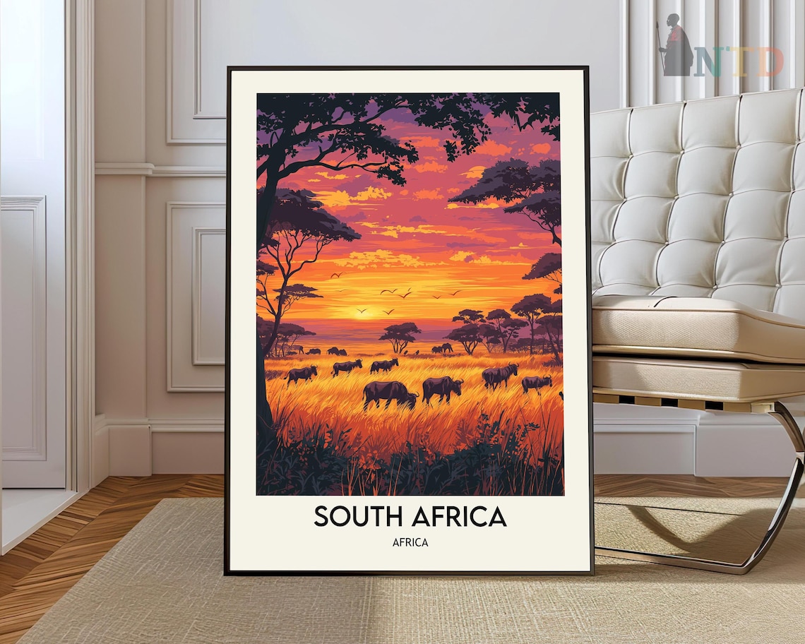 South Africa Sunset Buffalo Herd on Golden Grass Savanna Poster