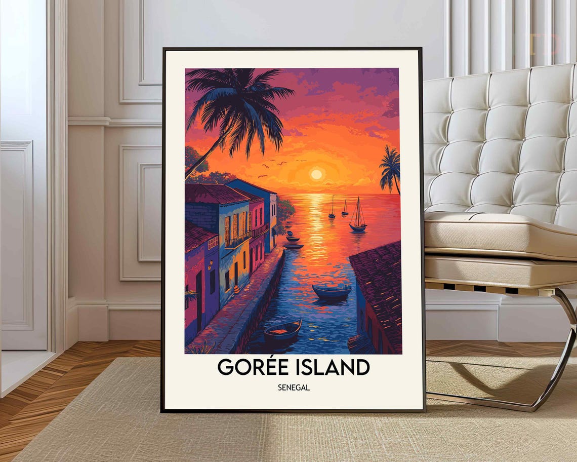 Goree Island Senegal Harbor Sunset With Palm Trees Vintage Poster