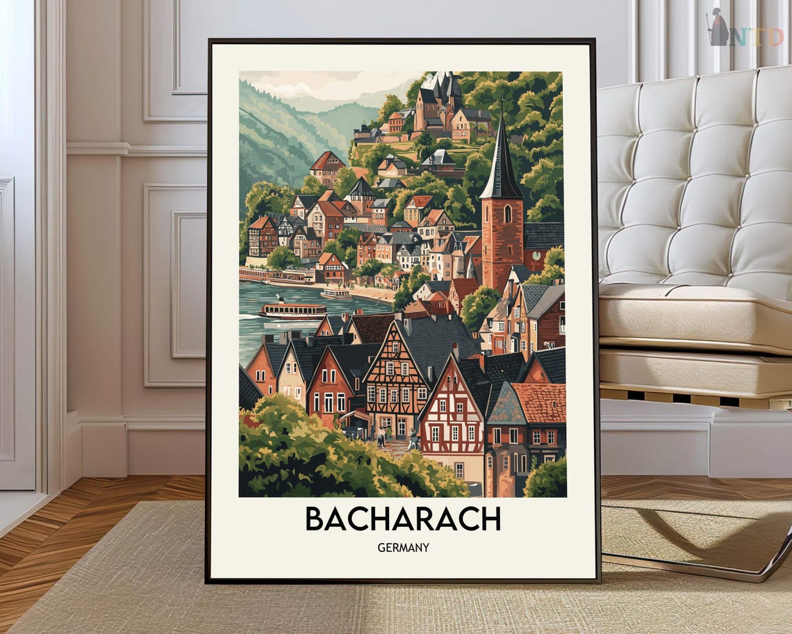 Bacharach Germany Rhine River Old Town Vintage Travel Poster