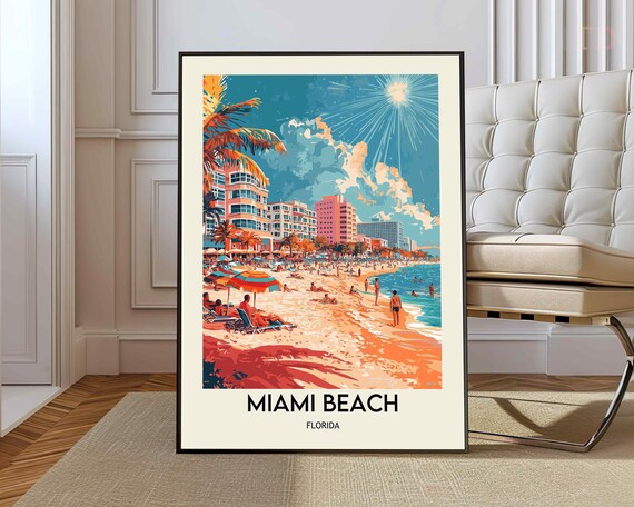 Miami Beach Florida Sunny Shoreline Retro Travel Decor Poster