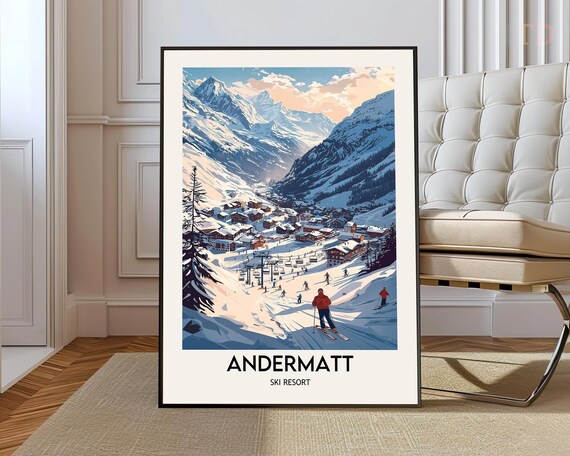 Andermatt Ski Resort Village Valley Skiers Swiss Alps Vintage Poster