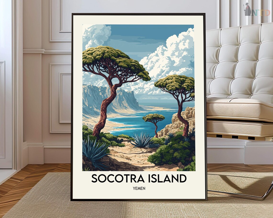 Socotra Island Yemen Coastal Lagoon Travel Poster With Umbrella Trees