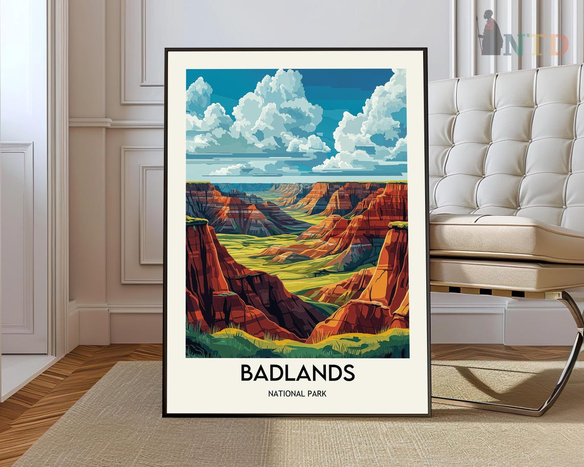 Vintage Badlands National Park Bright Blue Sky Canyon Travel Poster