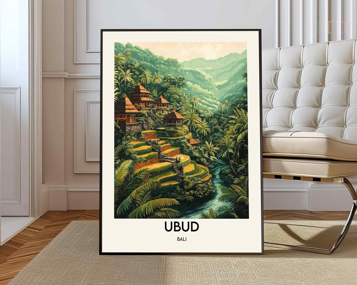 Ubud Bali Lush Rice Terraces Jungle Temple Vintage Travel Poster