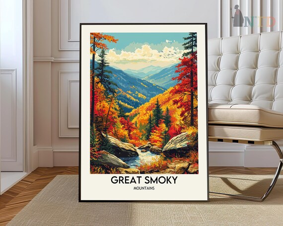 Great Smoky Mountains Poster with Autumn Valley Stream and Foliage