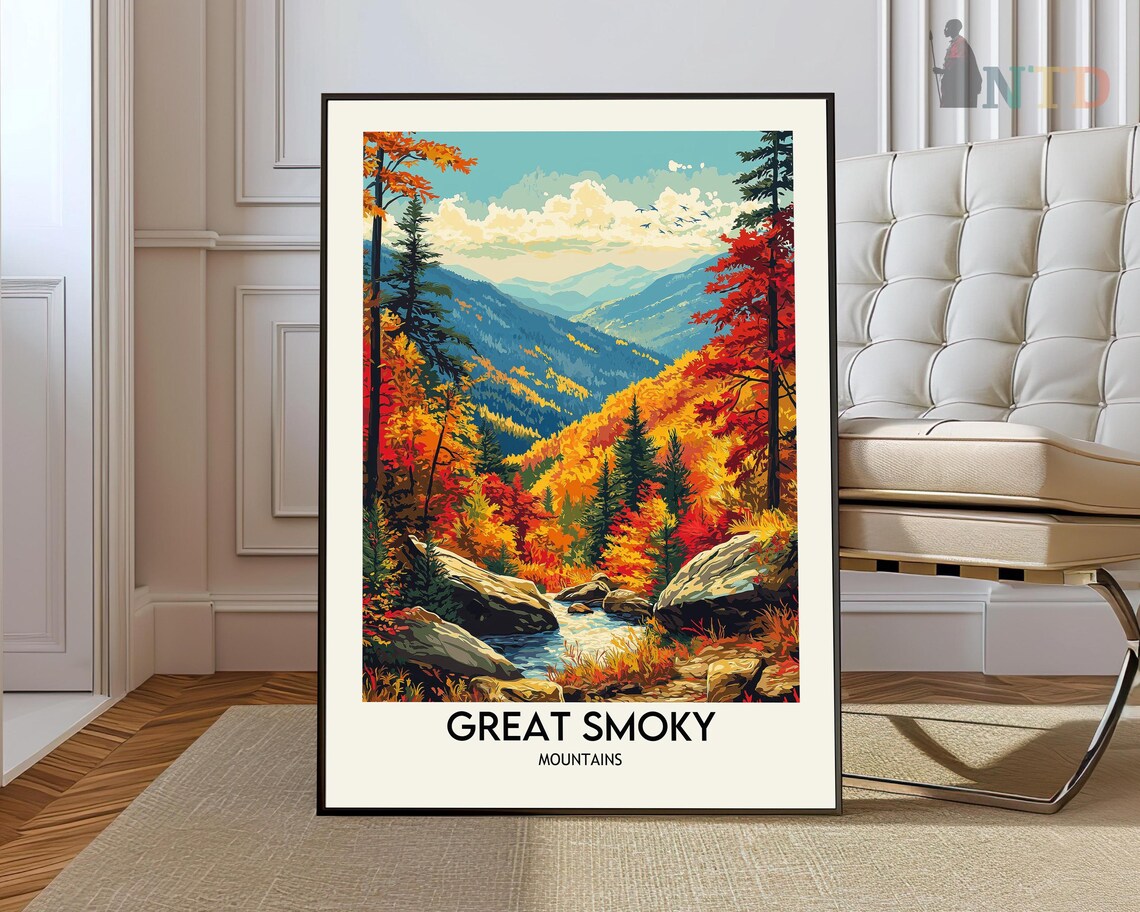 Great Smoky Mountains Poster with Autumn Valley Stream and Foliage