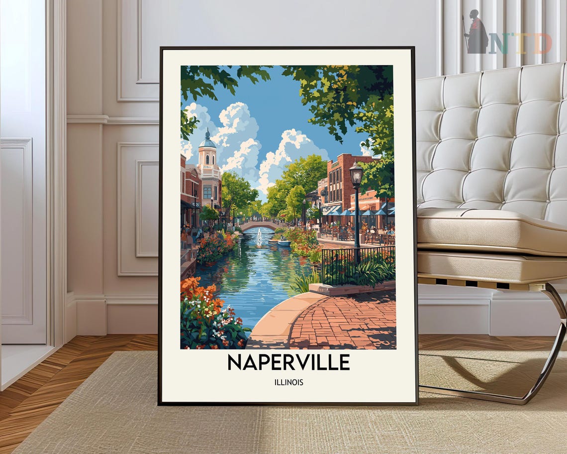 Naperville Illinois Downtown Riverwalk Clock Tower Travel Poster
