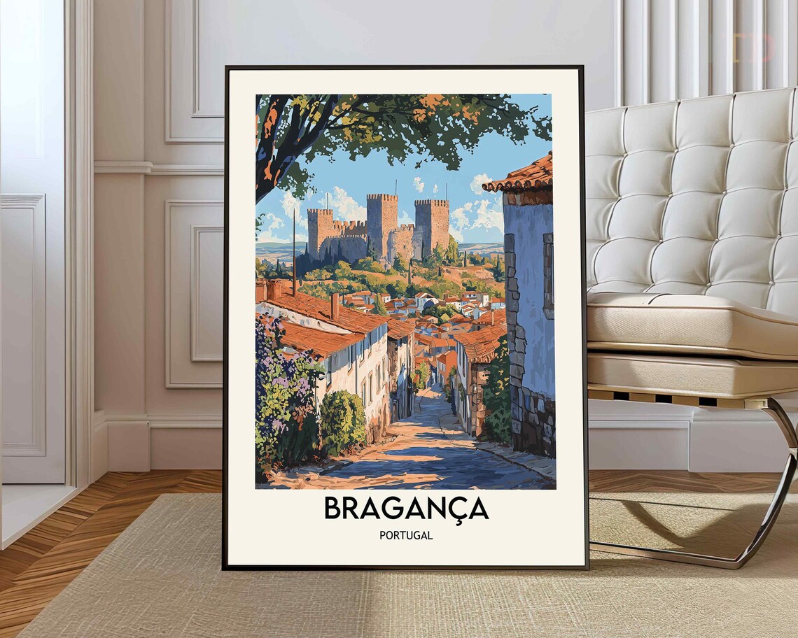 Braganca Portugal Hilltop Castle Old Town Street Travel Poster