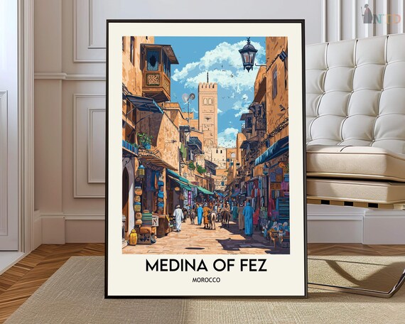 Medina of Fez Morocco Bustling Souk Street Minaret Travel Poster