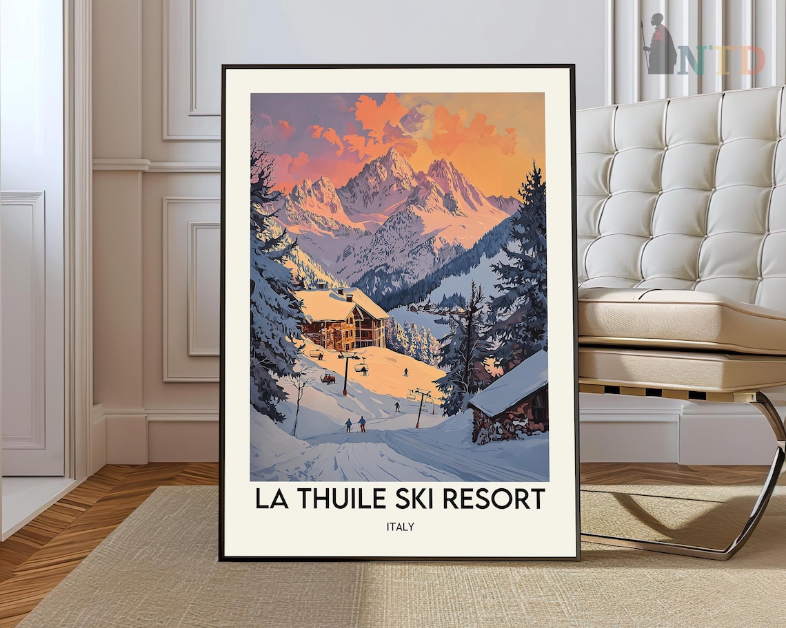 La Thuile Ski Resort Italy Sunset Alps Slopes Vintage Travel Poster